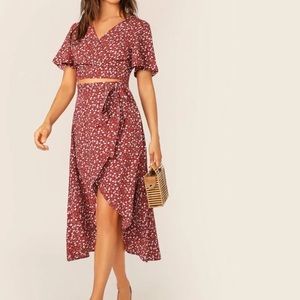 Two piece floral crop top and skirt